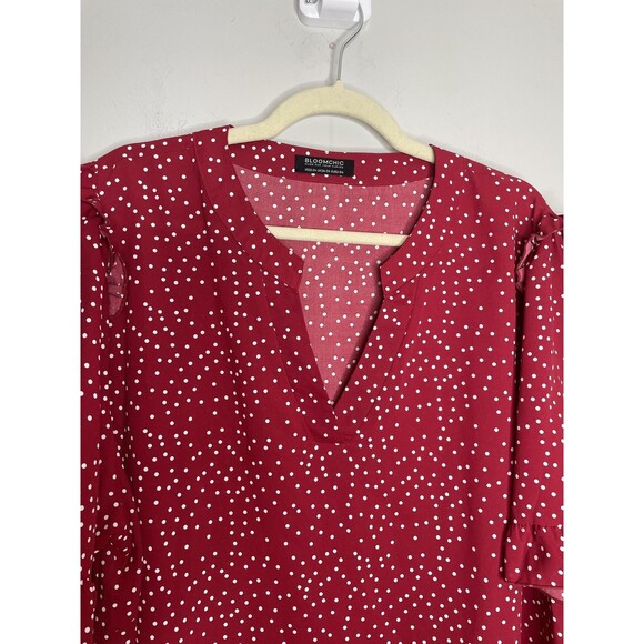 Bloomchic Shirt Womens Plus 22 Red White Polka Dot V Neck Ruffle Sleeve Chiffon - Picture 2 of 8